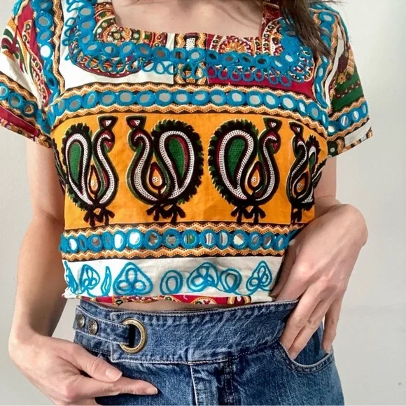 Blue and Yellow Short Sleeve Crop Blouse with Tie Front - Picture 3 of 13